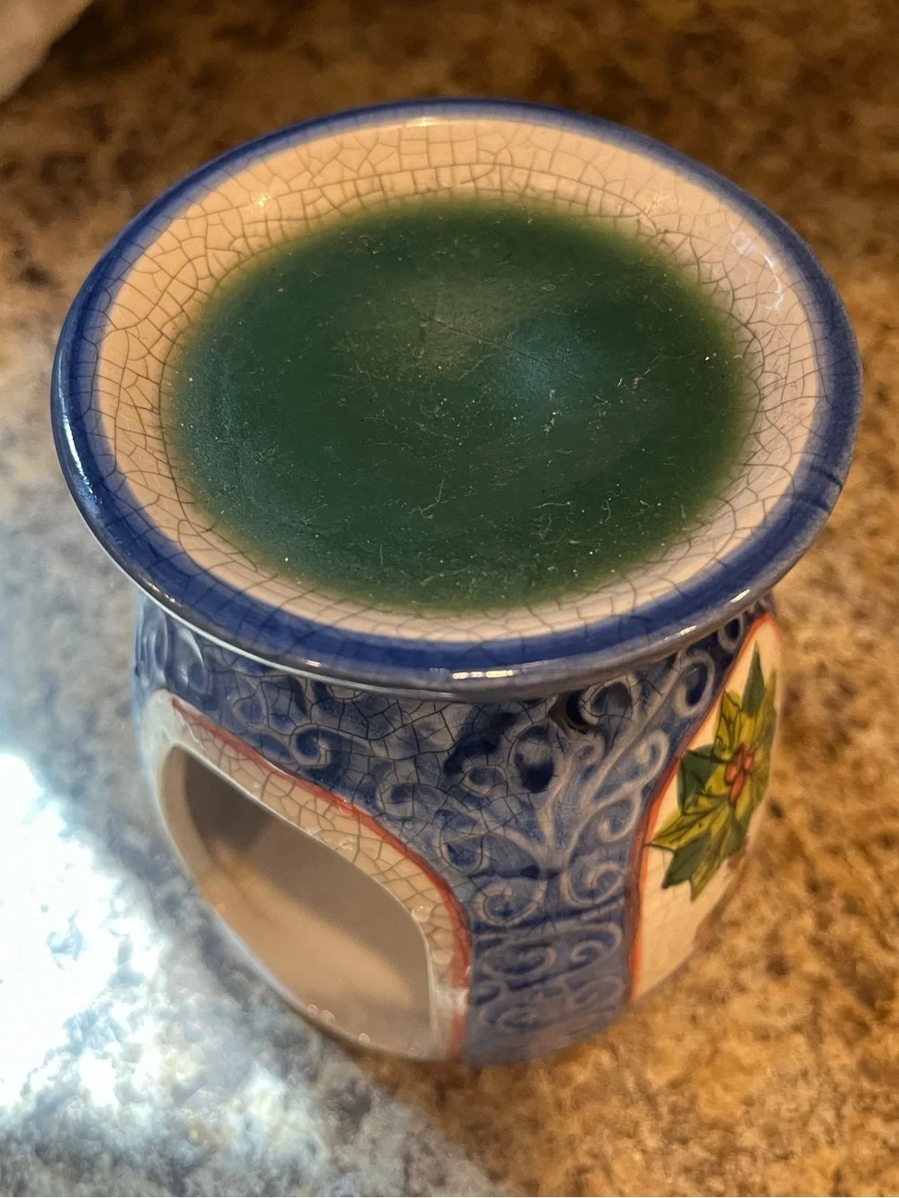 Blue Ceramic Tart Warmer with Holiday Greenery Motif